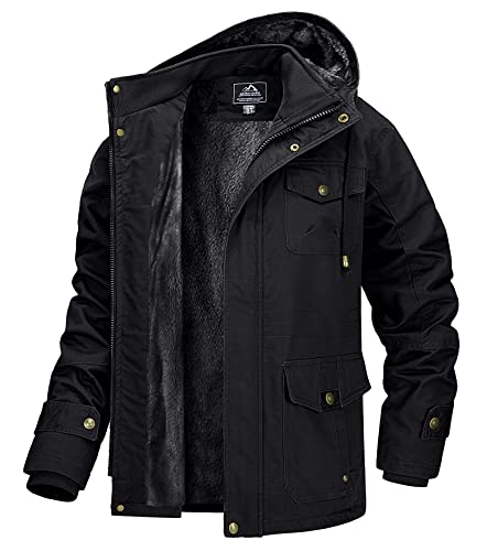 MAGCOMSEN Herren Winterparka Herrenjacke Warm Fleece Jacke Atmungsaktiv für Herren Gefüttert Mantel Outdoor Bomberjacke mit Abnehmbarer Kapuze Schwarz M